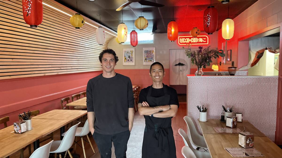 Co-owner Jamie Sverdrupsen alongside head chef Kaoru Ito within Merimbula's Umi-Ko Izakaya. Picture by James Parker