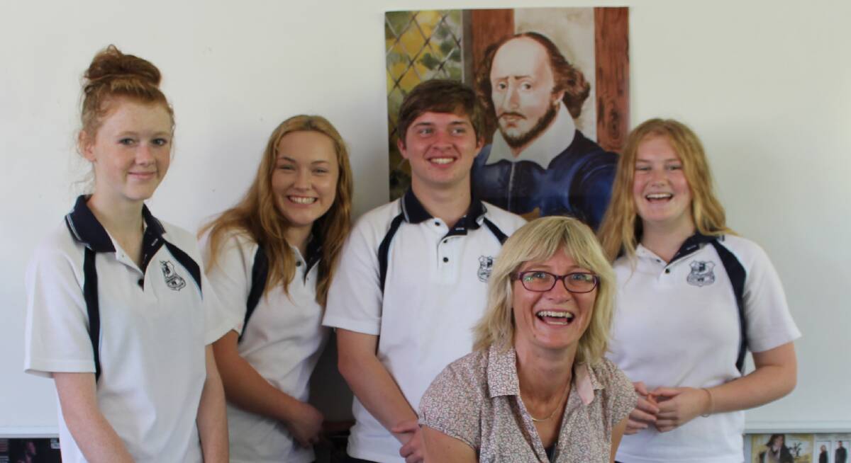 Eden Marine High School drama students Tenille Sinclair, Dannielle Young, Jack O'Connell and Lindsie Dodsworth with teacher Corrina Collins who has been awarded a Bell Shakespeare regional teacher mentorship.   