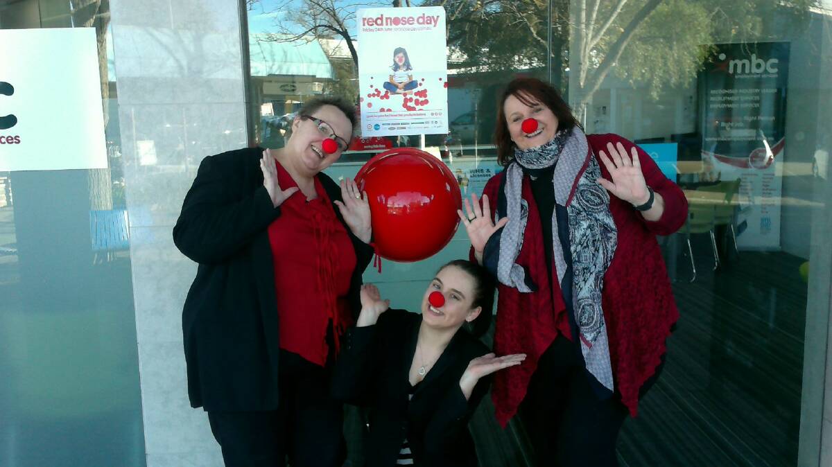 RED ALERT: MBC Employment's Annette Beesely, Bridie Clark-Bolger, Megan Garrett and the big red nose support Red Nose Day 2016.