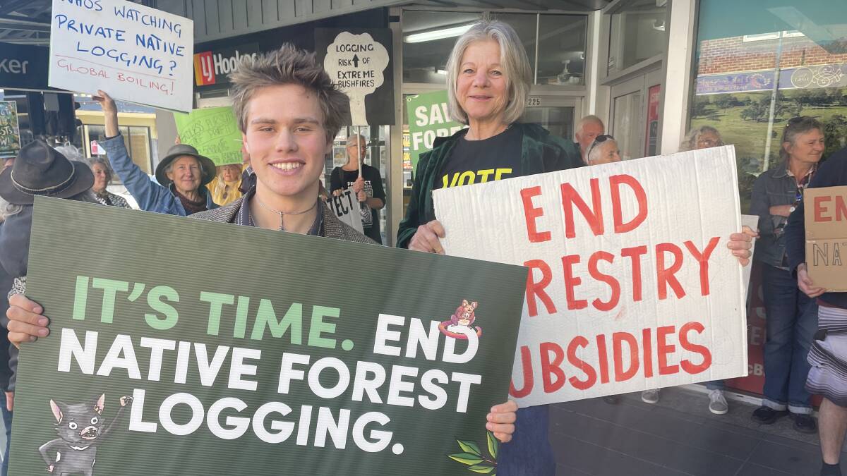 Jacob Shields and Cathy Griff at the Bega Rally for Native Forests, part of the Bob Brown Foundation's three days of action, August 10, 2023. Picture by Ben Smyth