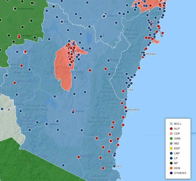 How the votes fell at Eden-Monaro polling stations. Map courtesy of CartoDB