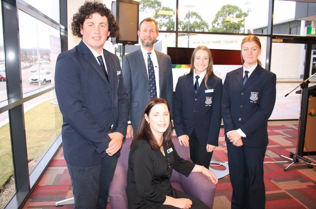 At the announcement of Headspace funding for Bega are Bega High School captains James Burgess, Elyse Philipzen and Hayley Danvers with Coordinaire's Andrew Gow and Alison Bradley.