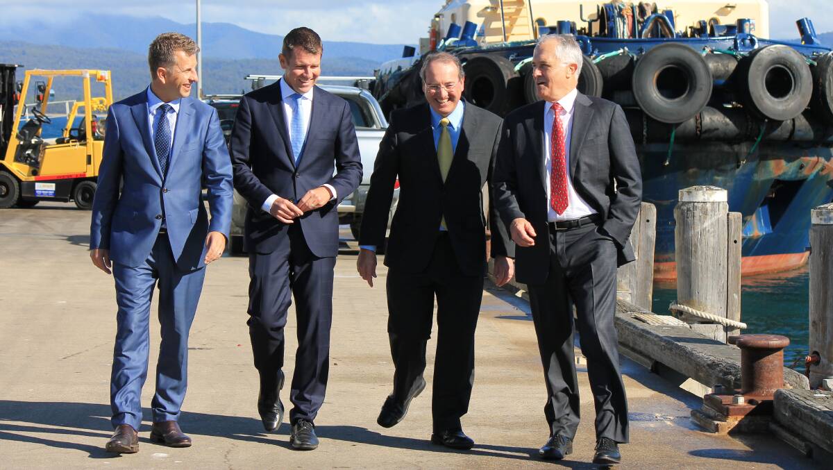 Andrew Constance and Mike Baird with then-Eden-Monaro MP Peter Hendy and Prime Minister Malcolm Turnbull during a visit to Eden in May 2016. Picture: Ben Smyth