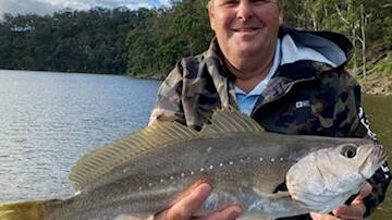 Shane Mayberry holding a 63cm Mulloway he caught up the Bega River on Saturday whilst fishing in the Pirtek Challenge raising money for prostate cancer. Picture supplied
