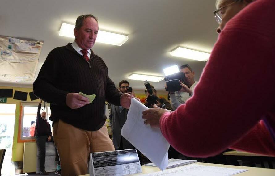 Barnaby Joyce has cast his vote at Woolbrook Public School - his old stomping ground. Pic: Gareth Gardner
