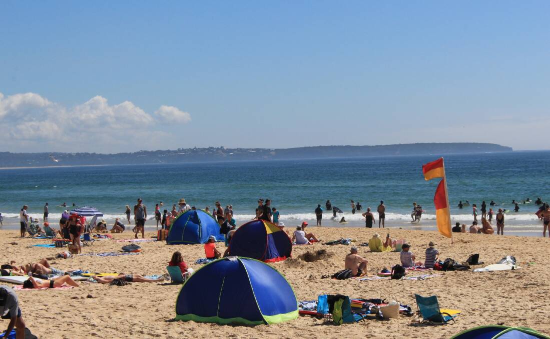 Come on in the water's lovely: Beachgoers enjoying the water at Pambula Beach just minutes before the siren was sounded to clear the water on Tuesday morning.