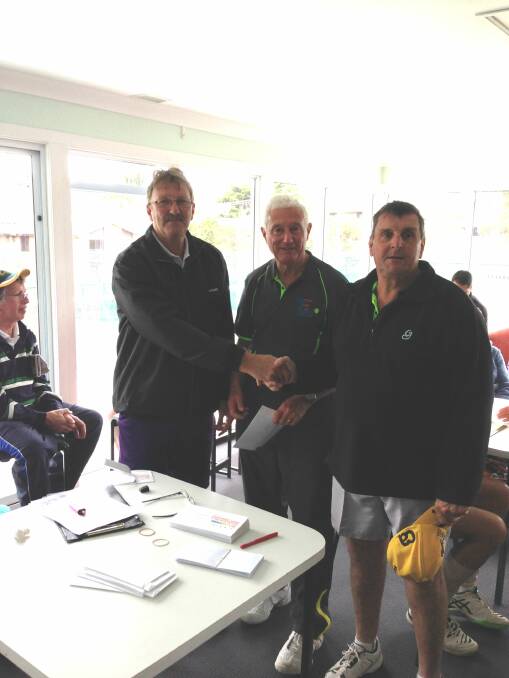 Dennis Love, and Graham Smith, runners-up in the 60 Doubles Group A, at the presentation with John Rheinberger, centre.  