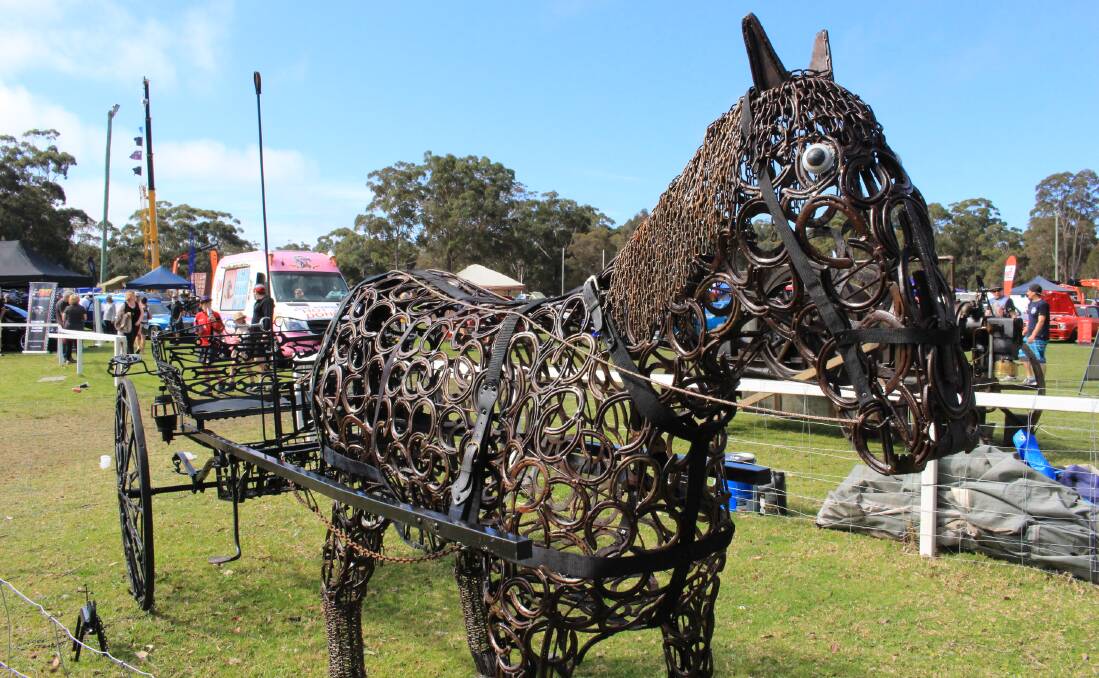 Any old iron: This amazing horse and buggy was one of the exhibits at the Pambula Motorfest and is made from spanners, wrenches, rabbit traps and horseshoes.