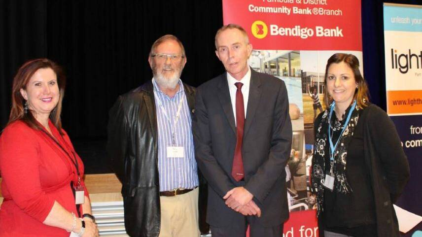 Anna Pino, Lighthouse Business Innovation Centre, Colin Dunn and Phil Smith, Bendigo Bank and Bega Valley Mayor Kristy McBain at council's Economic Development Summit.