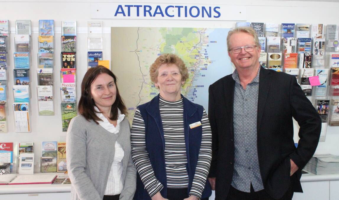 NEW MANAGER: Tourism manager at the Merimbula Visitor Information Centre Chris Nicholls with tourism co-ordinator, Ginny Francis and volunteer Gwen Langthorne. 