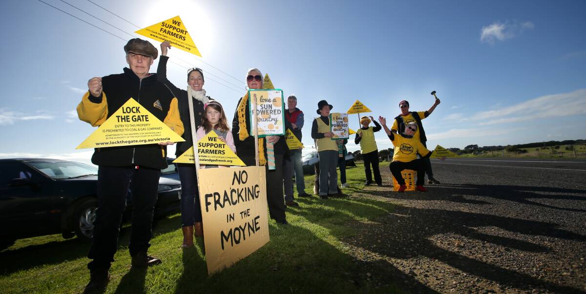 Moyne locks the gate: Fracking protesters made a colorful protest along the Princes Highway in Rosebrook to support farmers against coal and gas companies. Picture: Amy Paton