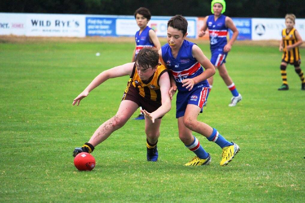 Classic rivalry: A Pambula Panthers and Merimbula Digger go toe-to-toe for the ball during a junior contest on Saturday. Picture: Jarrod Moore. 