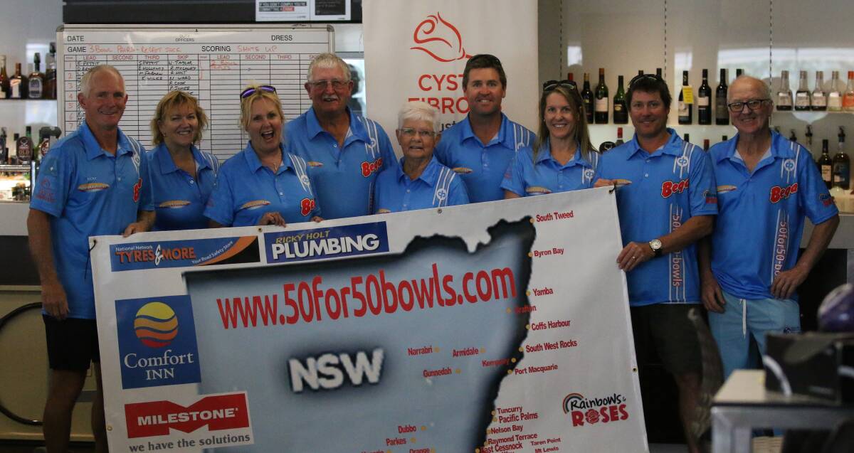 Stronger together: Merimbula bowlers show their support for Ricky Holt's campaign with a 'welcome home' day raising $3000 for Cystic Fibrosis and Autism research. 
