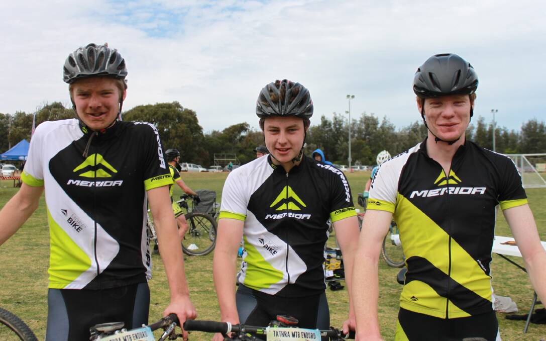 Past the post: Winners of the 50km ride in their respective age brackets are Roly Stewart, Sebastian Weber and Toby Stewart. Picture: supplied