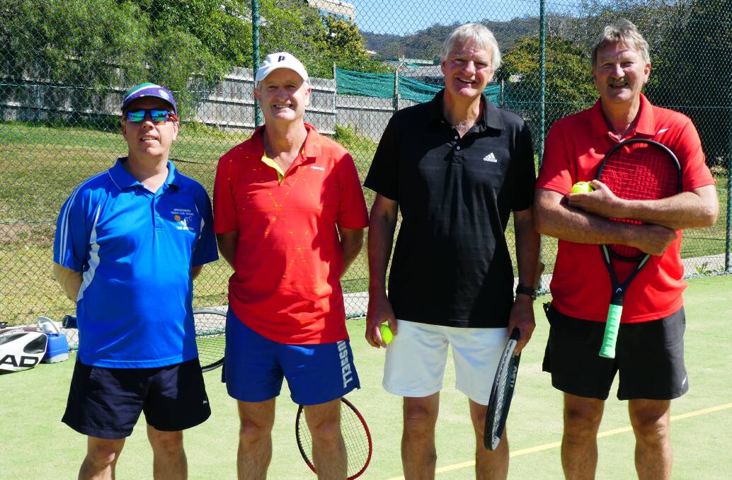 Masters tennis: Bob Warren and Dennis Love (right) with their opposition Tony McCosker and Grant Woodbridge.