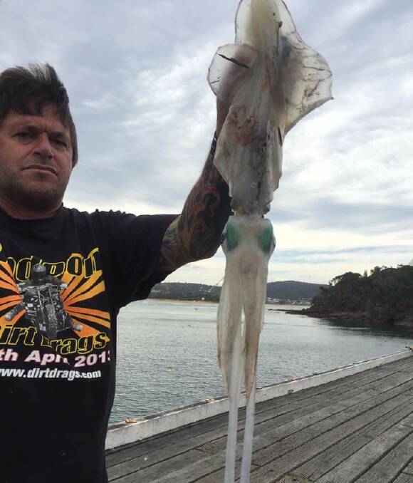 Paul Benchley shows a Calamari Squid taken from the Merimbula Fishing Platform before it was damaged by surging seas on Sunday. 