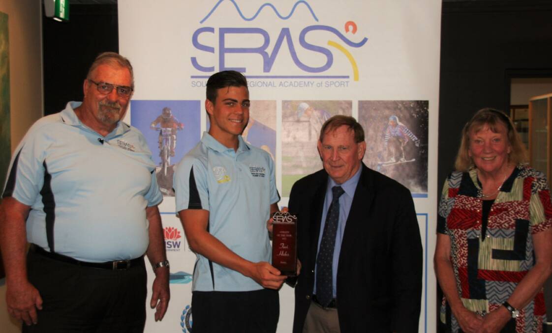 Athlete of the year: Turi Hides is congratulated by Mick Mayhew, Bega Valley mayor Michael Britten and Liz Seckold. 