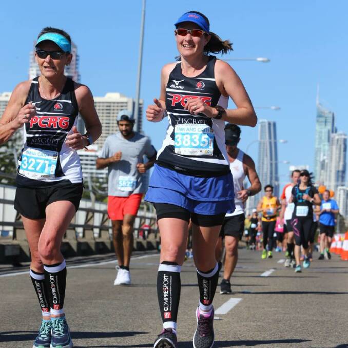 Going the distance: Cath Griffin and Tammy Edmonds compete in the Gold Coast Marathon on Sunday as part of a group from Sapphire Coast Runners. Picture: supplied. 