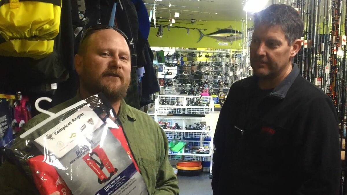 SAFETY GEAR: Narooma News journalist Stan Gorton speaks to Darren "Dash" Bowater at the Narooma Ocean Hut Compleat Angler about the safety gear available to rock fishers. Watch the video embedded in this article. 