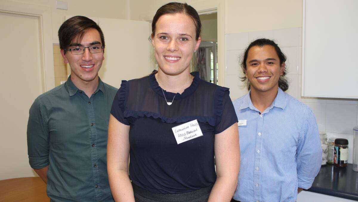 LEARNING TO HEAL: First year Australian National University medical students Marcus Liu, Catherine Hall and Michael Impelido at Hillgrove House in Bega on Thursday. Picture: Alasdair McDonald