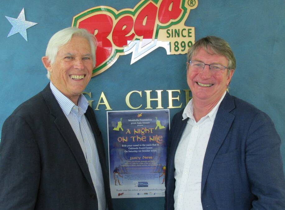 NIGHT ON THE NILE: Chairman of Mumbulla Foundation, Gary Potts and Bega Cheese executive chairman  Barry Irvin join forces ahead of Mumbulla’s annual Gala Dinner.