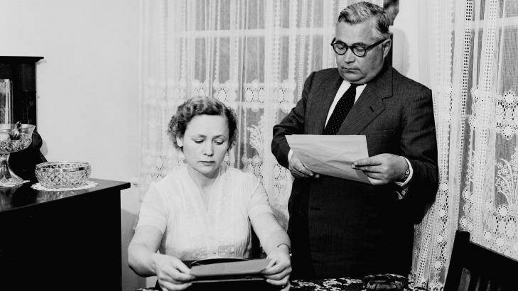 Russian diplomat Vladimir Petrov and wife Mrs Evdokia Petrov, pictured in the 1950s. The pair defected in 1954.

VINEGAR SYNDROME - NEG DESTROYED
Petrov affair petrovs cold war Canberra 1950s Australian politics historic hhollins commission typing table together Olivetti typewriter

26cover-canberra