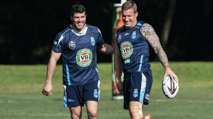 ‘‘Blue head’’: NSW halfback Trent Hodkinson (right). Photo: Brendan Esposito 