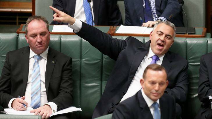 The only way (for GDP) is up: Treasurer Joe Hockey and Prime Minister Tony Abbott during Question Time on Wednesday. Photo: Alex Ellinghausen