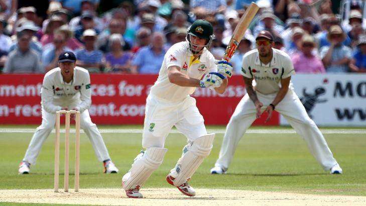 Blow: Shaun Marsh has been in good touch so far  this tour and is challenging Chris Rogers for a spot at the top of the batting order for the first Test. Photo: Getty Images 