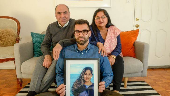 Nikita Chawla's parents Umesh and Sunila and brother Tarang: "It's too late for Niki, but for other sufferers of abuse, there's hope that we can help them feel safe again." Photo: Penny Stephens