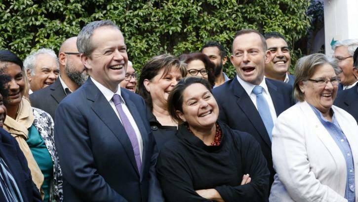 Bill Shorten and  Tony Abbott with Indigenous leaders before their talks in Kirribilli, Sydney, on Monday. Photo: Peter Rae