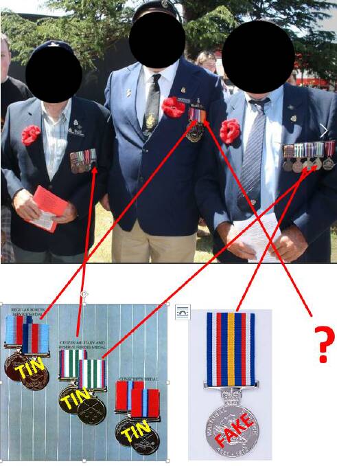 A picture from the ANZMI website showing members of the Bega RSL sub-branch among those accused of wearing unofficial medals during public services. The BDN has chosen to obscure their identities.