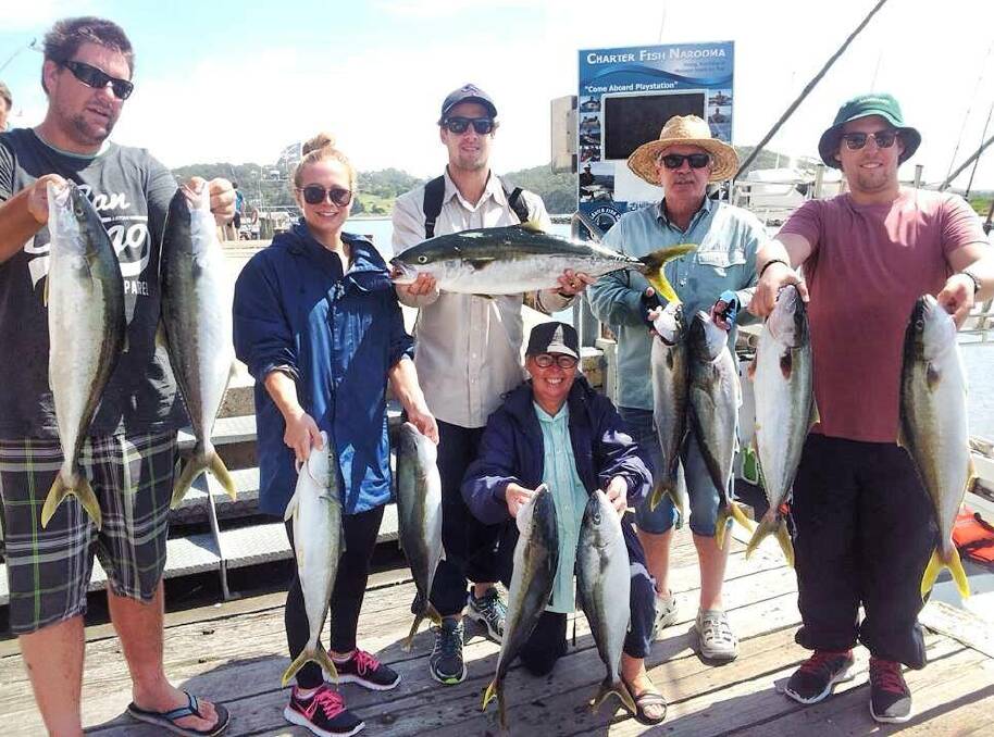 
PLAYSTATION KINGS: Ryan, Nat, Angus, Margaret and Chris Cambel from Cooma with 11 legal kingies and a nice feed of reef fish caught on the Playstation on Sunday. 14/3/14
 