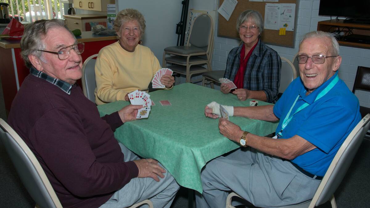 Graham Sage, Pam Mulcahy, Trish Hazell and Bert Goodwill playing 500.
