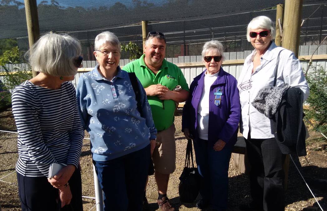 Touring the aviaries: Marjorie MacKnight, Laurel Johnson, Steve Sass, Elizabeth Prosser and Alison Jenkins enjoy an outing at On the Perch. 