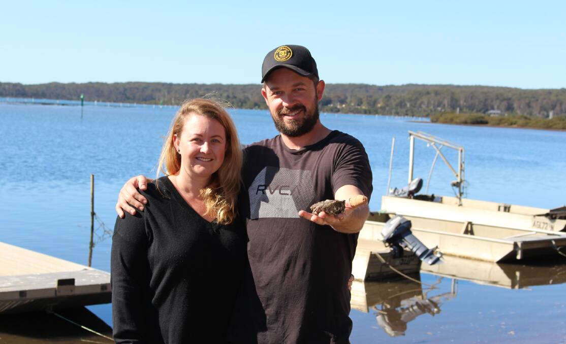 Taste of gold: Pambula Oyster Co owners Leicia and Mark McKillop with some of their freshly harvested oysters on a beautiful day at their farm on Pambula Lake.