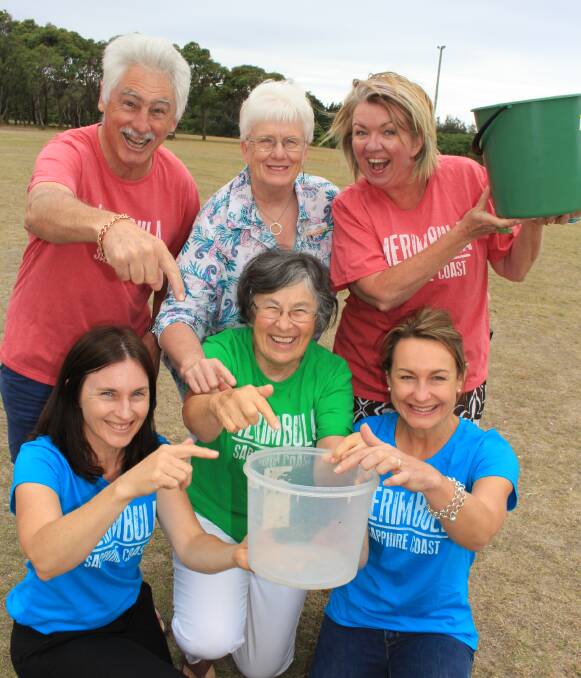 Volunteers needed: Alf Smith, Nita Vandertoorn, Nat Kirby, Ginny Francis, Joan Winwood and Carolyn Campbell from Merimbula Tourism are looking for bucket shakers for the New Year's Eve event at Ford Park. 