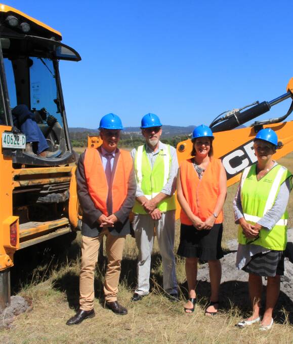 Groundbreaking: Member for Bega Andrew Constance, contractor Ray Miller, mayor Kristy McBain and council general manager Leanne Barnes turn the sod for upgrades at the Merimbula Regional Airport. Picture: Melanie Leach