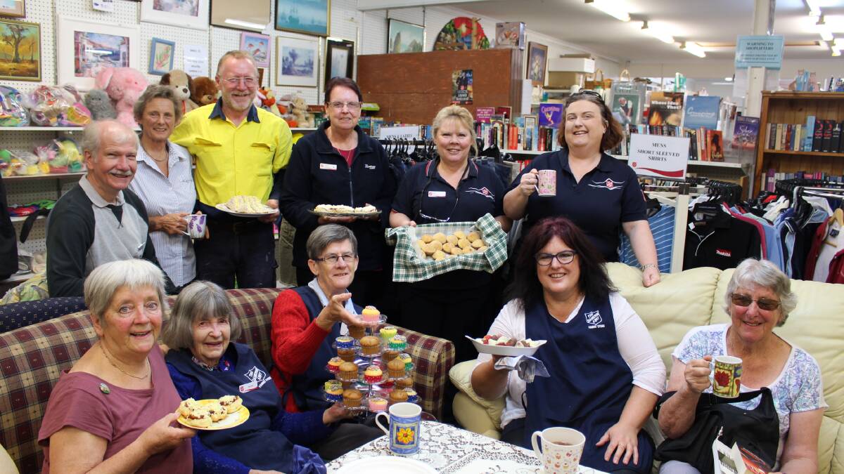 Volunteers and staff members at Merimbula Salvos, back, Martin Armstrong, Joc Mitchell, Brian Davey, Carole Davis. Sue Davidson, Lesley Newton and front, Val Dack, Merlene Roberts, Gay Savage and morning tea guest Barb McCarthy. 