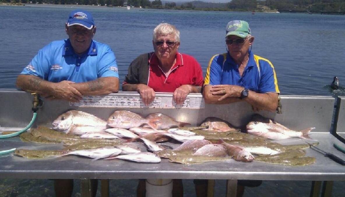 BOWLO CREW: NSSC Bowlo Fishing Club members Col Armstrong, Paul Naylor and John King with snapper, up to almost 2kg, and flathead taken on board Narooma Fishing Charters. (5/2/14) 