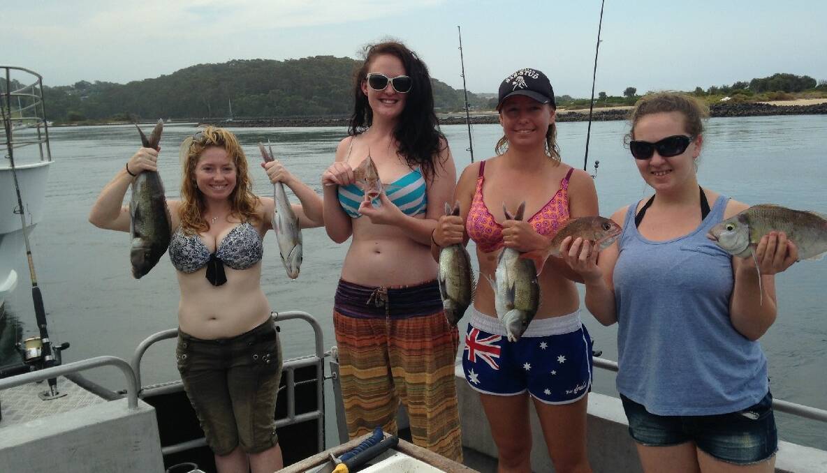 SHERIFF GIRLS: Elizabeth, Cathy, Kirstyn and Jessica from Bega with a nice mix bag of snapper, morwong and flathead. It was a great day to have a 25th birthday for the girls on the charter boat The Sheriff with Capt. Andy Legg.22/1/14 