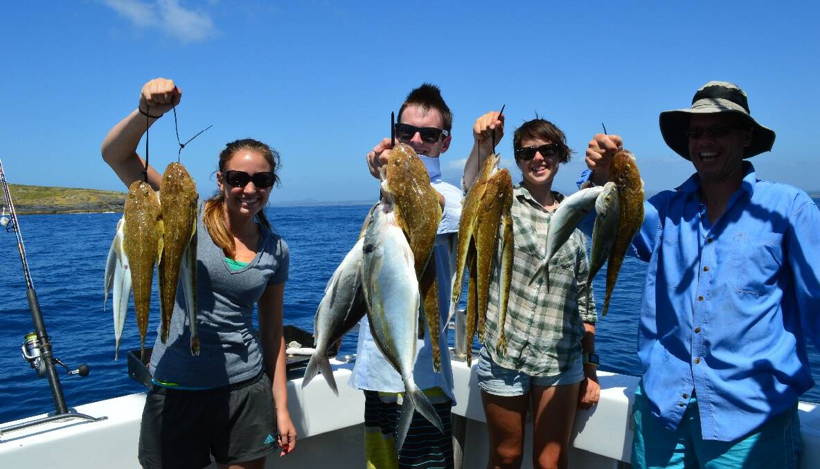 HOOKED: Nicole, Craig, Alison and Terry Juilien from Albury enjoyed a great mornings fishing with Wazza and Simon of Lighthouse Charters with a top catch of flatties, mowies and trevally making up the fish box.  22/1/14