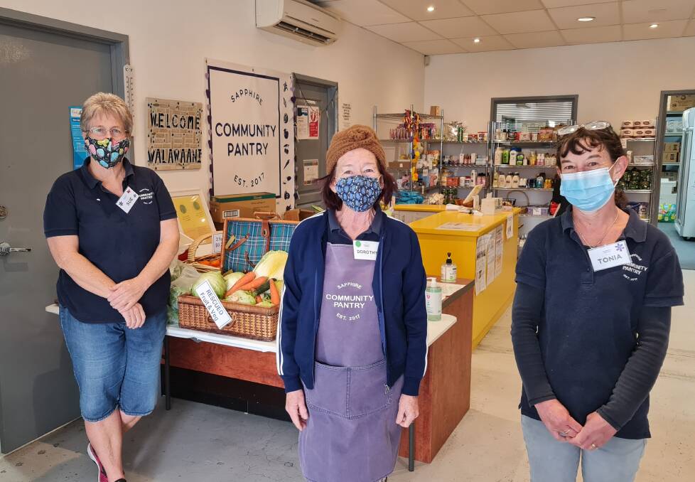 Volunteers supporting community: Sapphire Community Pantry volunteers Sue, Dot and Tonia welcome members of the community from all walks of life. All photos supplied