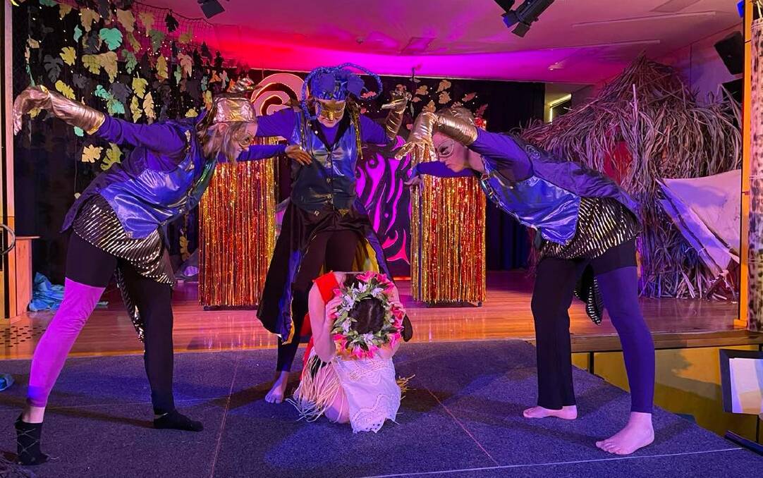 Three Lume Christi drama students re-enacting the Tamatoa scene in Disney's musical Moana Jr. Photo: Amandine Ahrens 