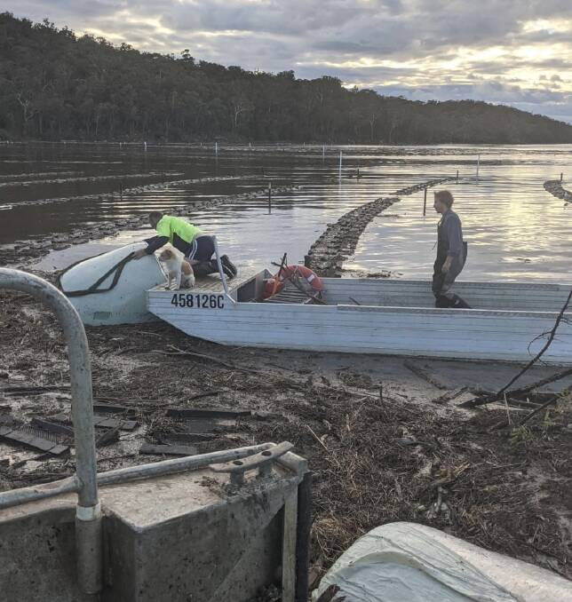 DEBRIS: A contractor and oyster farmer Jack Salt fish out silage bales from Pambula Lake after they were carried by flood waters on Tuesday, March 23. 