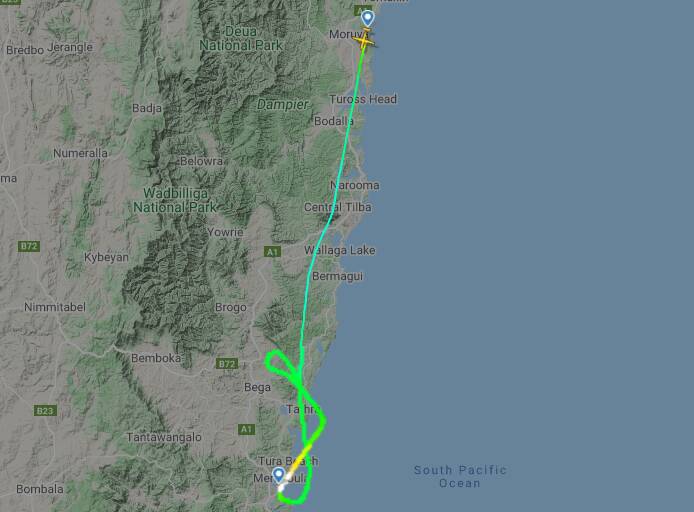 The flight path taken by Rex flight ZL6139, showing the missed approach at Merimbula airport and then the circling of the plane back around via the inland route. Pitcture: Flightradar24. 