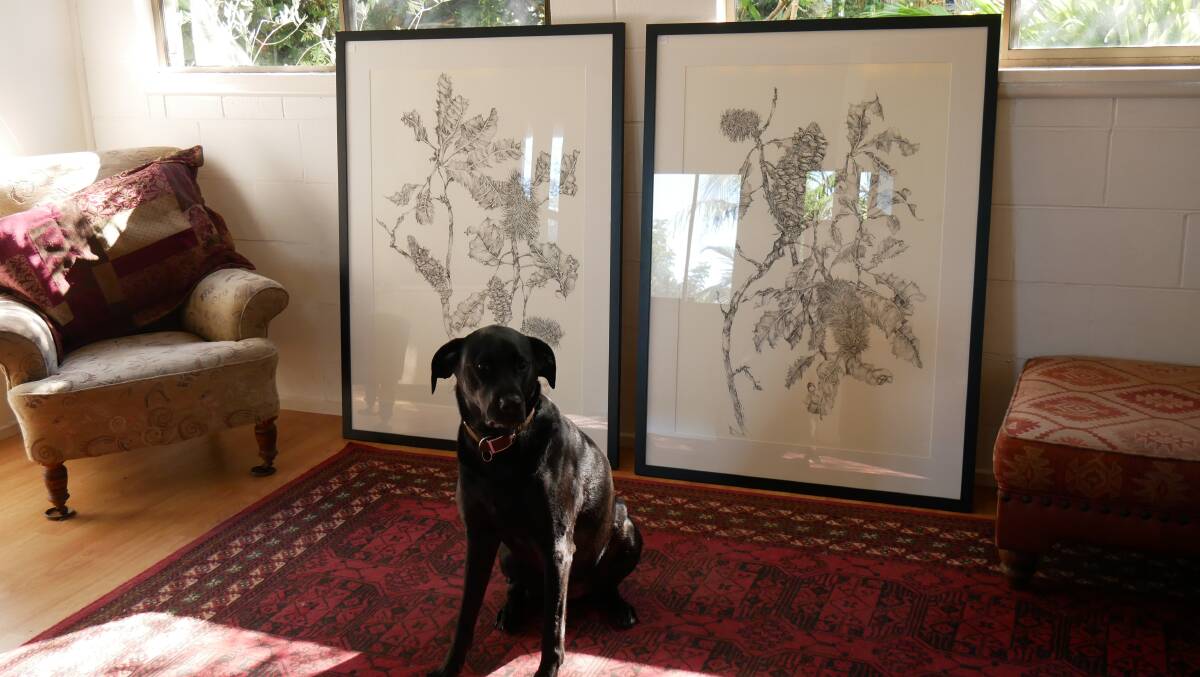 Mona the black Labrador sits in front of Two of Veronica's pieces in her sitting area. Photo: Ellouise Bailey 