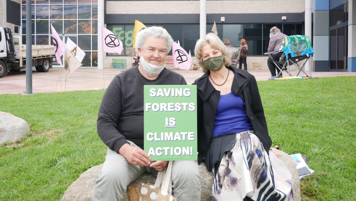 Greens councillor Cathy Griff (on right) at the protest held on Wednesday October 20 outside of the Bega Valley Shire Council. Picture: Ellouise Bailey