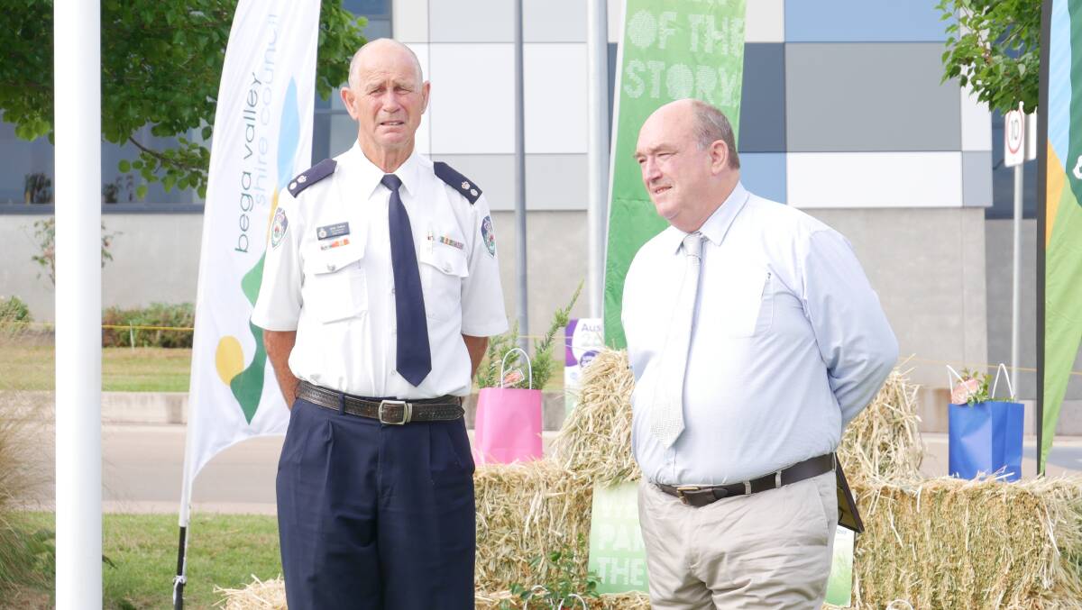 John Cullen next to Bega Valley Shire Mayor Russell Fitzpatrick at the Australia Day award ceremony at Littleton Gardens in Bega. Photo: Ellouise Bailey