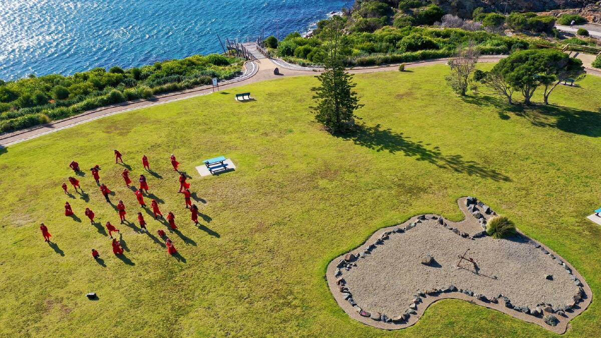 The Most Wuthering Heights Day Ever was held throughout the Bega Valley Shire on Saturday July 17. The above is a still taken from a drone on the spectacular winter's day at Tathra Headland which is one of the locations the group always choses to dance at. Photo: Katrina Walsh